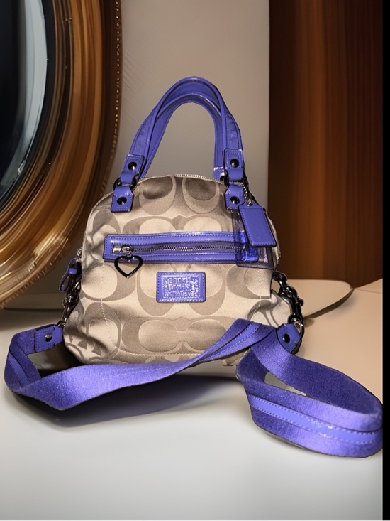 Coach Handbags - Coach Poppy Fold-over Satchel in Khaki Signature with Purple Handed w/ Trim